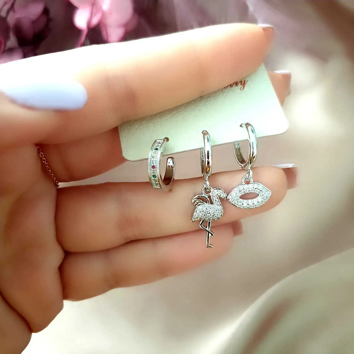 Gümüş Flamingo Küpe Seti