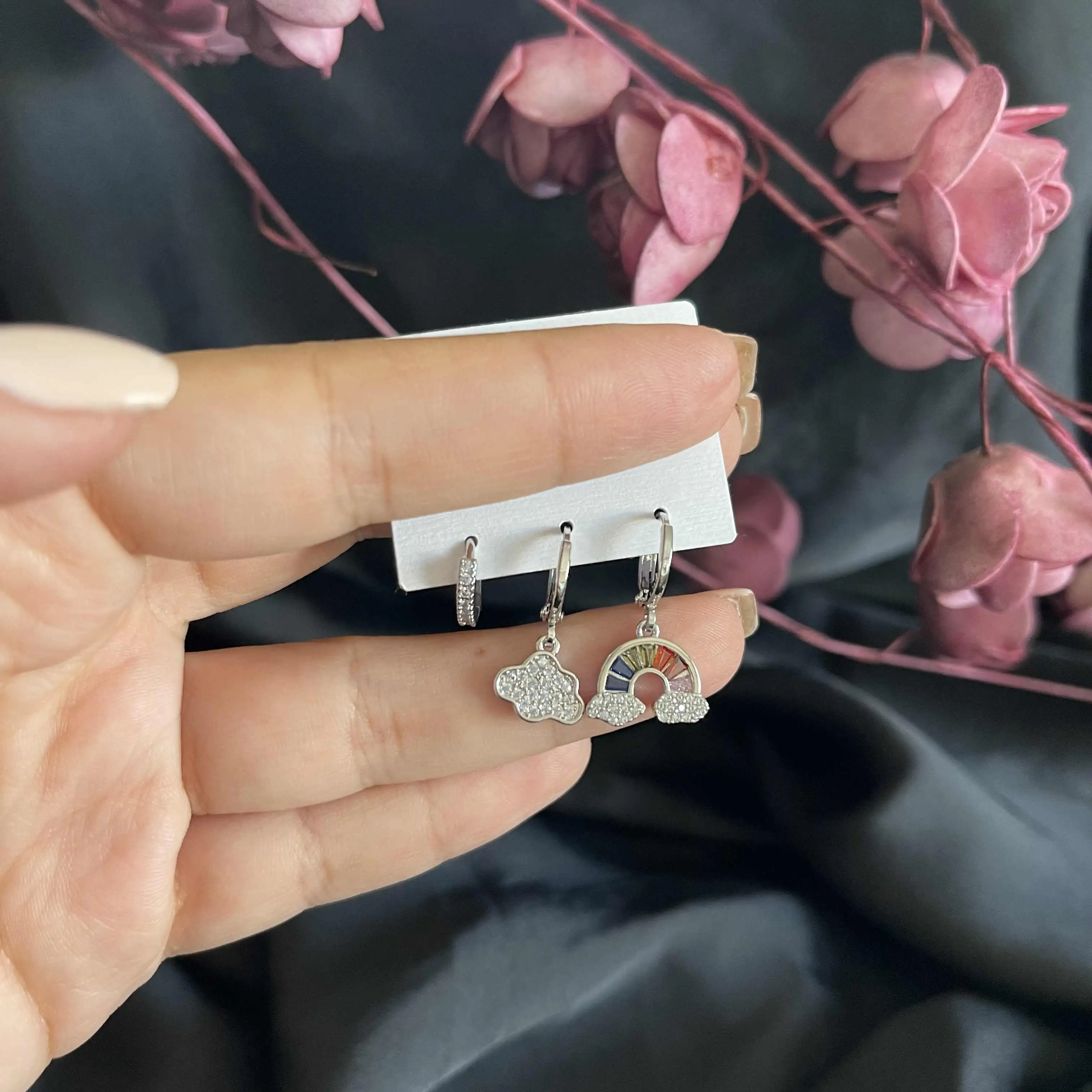 gümüş gökkuşağı küpe seti 